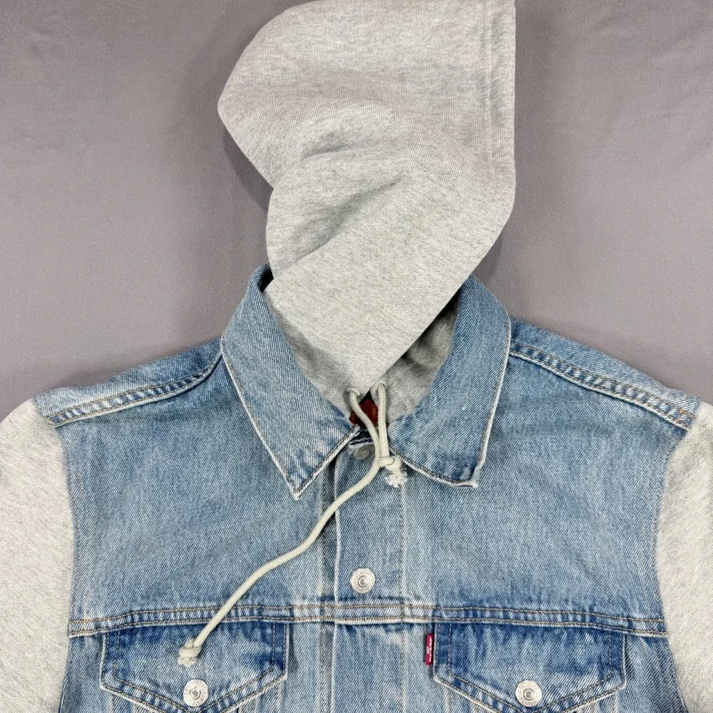 Levi's Mens S Blue Cotton Denim Relaxed Hybrid Trucker Jacket Grey Jersey Hooded